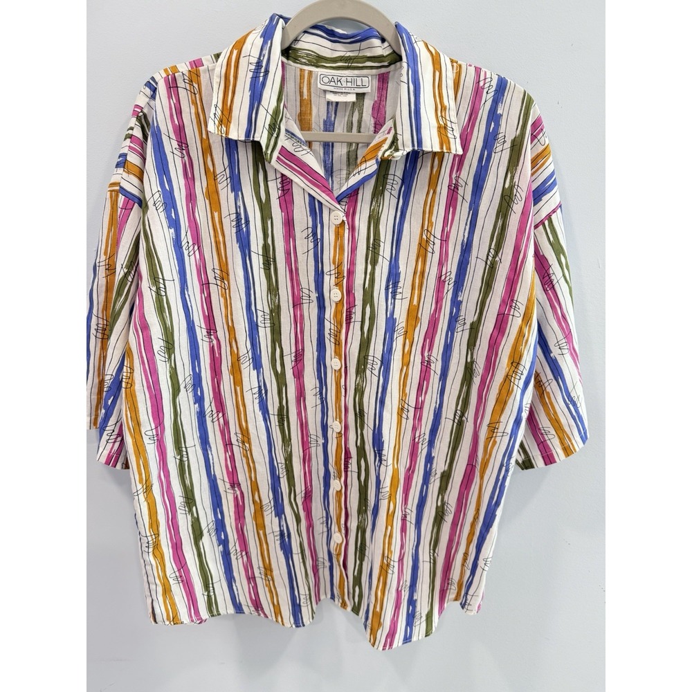 Vintage Oak Hill Striped Button Front Shirt Large Colorful Abstract Print 80s - Picture 3 of 8